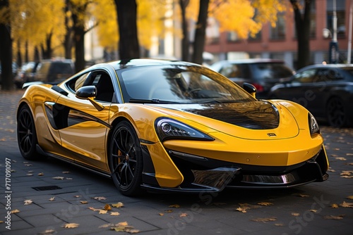 An image Yellow sport car with black auto tuning on the road Generative AI photo