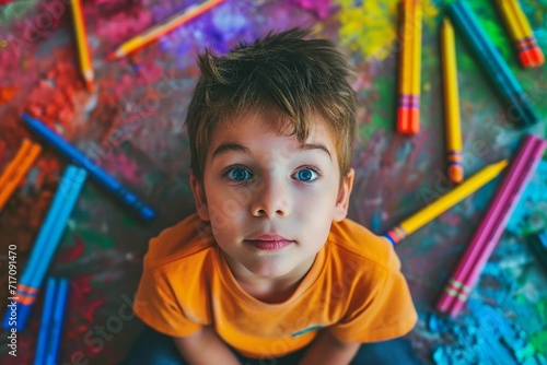 Imagination Unleashed. Child drawing with colorful crayons, embodying the free-flowing creativity and endless ideas of youth. Generative Ai. © Manzoor