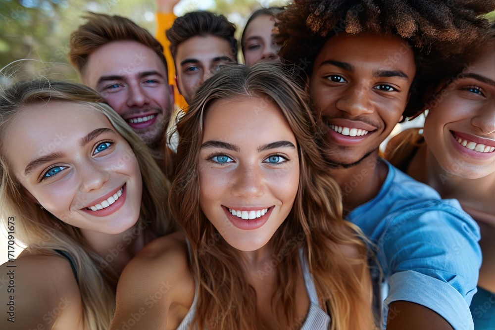Big group of cheerful young friends taking selfie portrait. Happy people looking at the camera smiling. Concept of community, youth lifestyle and friendship