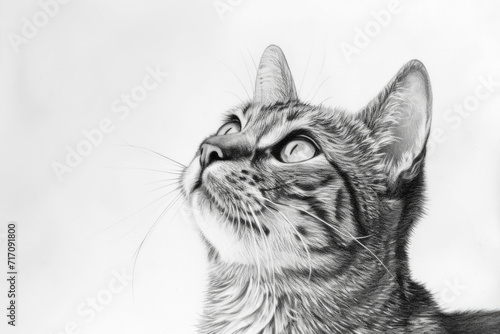 Pencil drawing cat on white background, photorealistic isolated portrait of pet looking up, illustration. Painted animal face on paper. Concept of design, art, nature, sketch © karina_lo