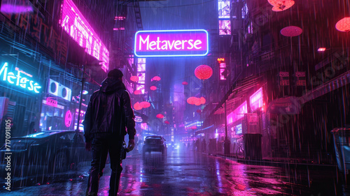 Neon street in cyberpunk city in rain at night, sign Metaverse and man in dark futuristic wet town. Concept of future, virtual reality, light, anime, dystopia