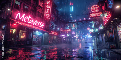 Cyberpunk neon city at night, store sign Metaverse in dark town in rain, wet deserted street with red, purple and blue light. Concept of future, virtual reality, technology, dystopia