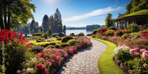 Beautiful path in upscale home garden in summer, panorama of landscaped house backyard. Scenery of pathway, flowers, lake and green plants. Concept of landscaping, nature, design photo