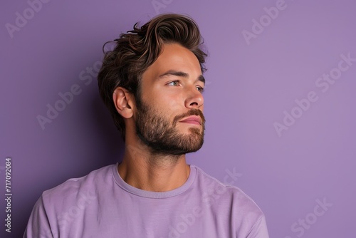 Caucasian handsome man over isolated purple background looking side