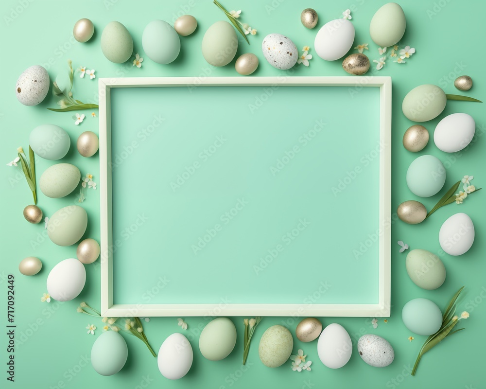 Easter eggs frame on a pastel green background, flat lay. Copy space, festive backdrop