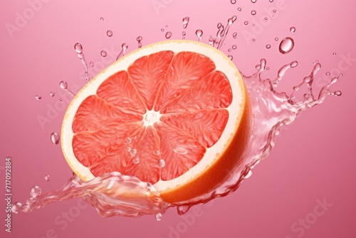 Grapefruit in a splash of water and grapefruit juice on a pink background
