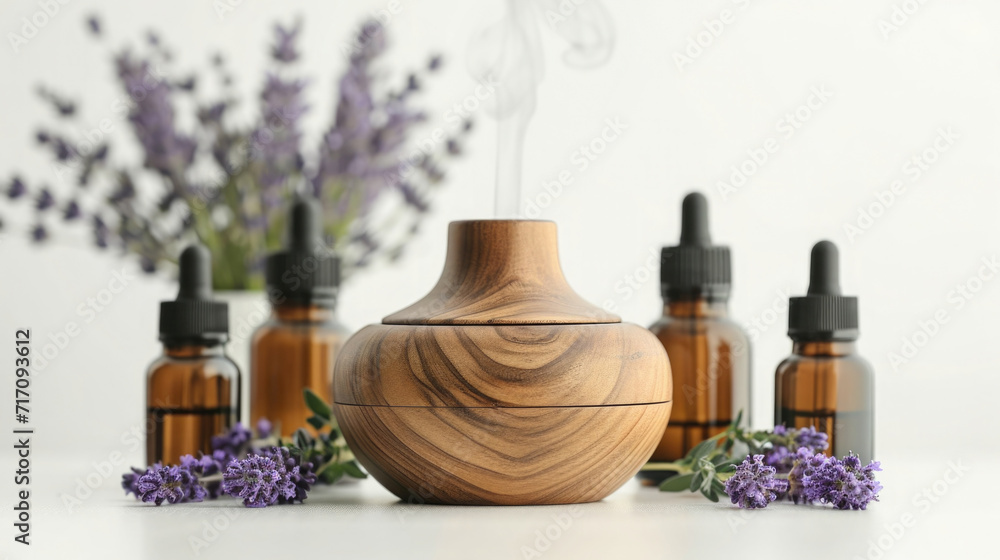 Essential oils and aromatherapy diffusers set against a white background, emphasizing wellness and relaxation - obrazy, fototapety, plakaty 