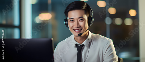 Generated imageA close-up of a customer service professional, sporting a smile that reflects pride and satisfaction while efficiently handling calls. photo