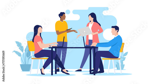 Business meeting - Office people sitting and standing at desk with computer laptops, talking and discussing company project as a team. Flat design vector illustration with white background