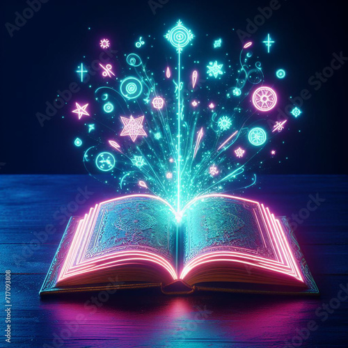 Open glowing neon magic book lying on the table. Illustration created using ai tools.