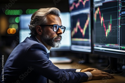 Finance trade manager analyzing stock market indicators for best investment strategy