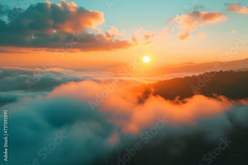Mountain cloud and foggy at morning time with orange sky,Sunrise beautiful landscape Ai Generated