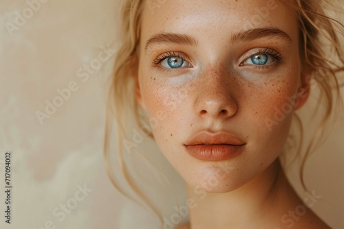 Natural blonde girl with blue eyes and with clear fresh skin at beige banner. Beauty portrait of attractive young woman for beauty, cosmetic , skin care , spa salon advertasing,Generative AI © Manzoor