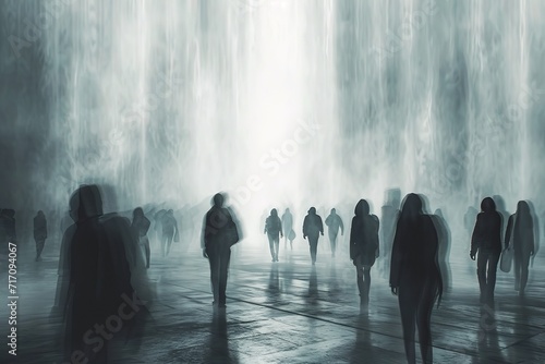 Group of people walking towards the white light.