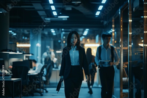 Night, tablet and business people walking in office after finishing work task. Tech, overtime and Asian woman with group of friends going home after working late on sales project in dark workplace