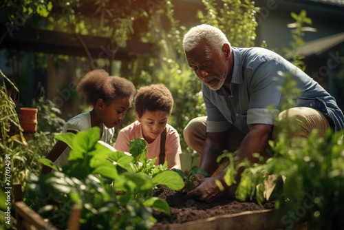 Dark skinned children planting plants with their grandfather in spring in the orchard