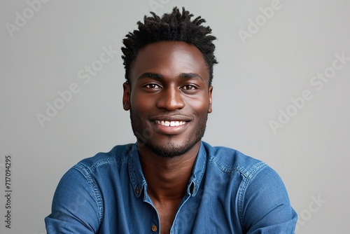 Headshot of good-looking positive young dark-skinned male with stubble and trendy haircut wearing blue shirt while posing isolated against blank studio wall background with copy space for your text © DynamicShutterArt