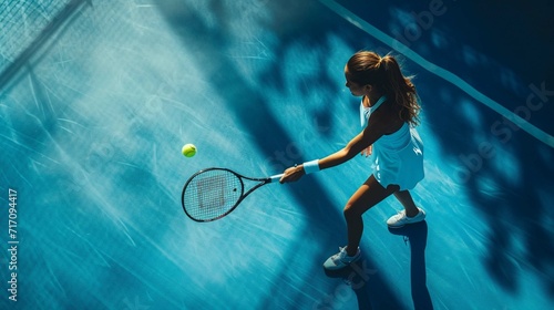 partial view of sportive young woman holding tennis racket and ball while playing on blue photography © Manzoor