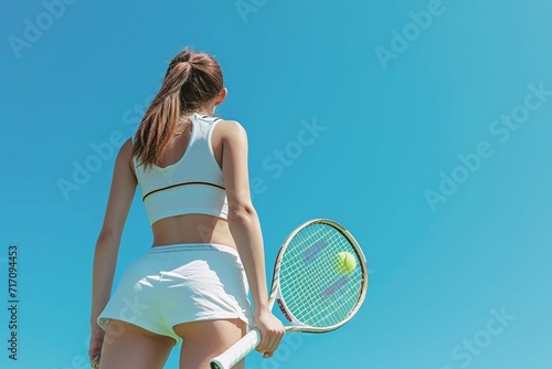 partial view of sportive young woman holding tennis racket and ball while playing on blue © Manzoor