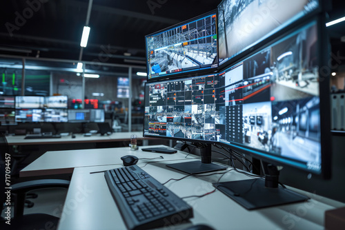 Industry 4.0 Modern Factory: Security Control Room with Multipoke Computer Screens Showing Surveillance Camera Footage Feed. High-Tech Security.