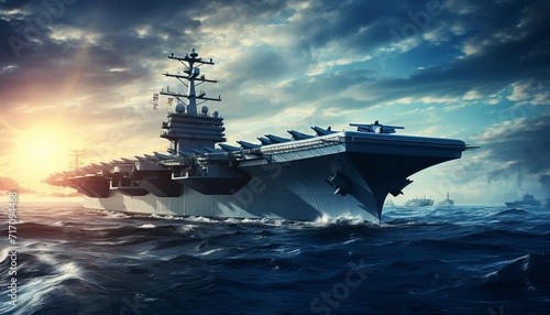 Panoramic view of military aircraft carrier ship with fighter jets taking off in warzone