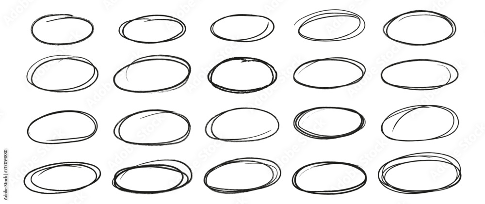 Set black highlight oval frames isolated on white background. Hand drawn various doodle brush stroke ellipses with grunge crayon texture. Empty for text. - obrazy, fototapety, plakaty 