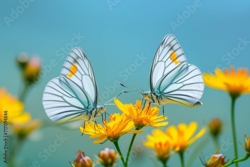 Photo of two delicate white butterflies with black outlines on their wings, perched on vibrant yellow flowers. The butterflies are surrounded by numerous similar flowers Ai Generated © Manzoor