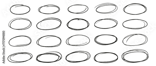 Set black highlight oval frames isolated on white background. Hand drawn various doodle brush stroke ellipses with grunge crayon texture. Empty for text.