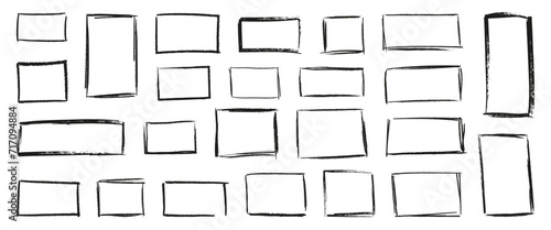 Set black outline frames isolated on white background. Hand drawn various doodle boxes with grunge crayon texture contour. Empty for text. Flat vector