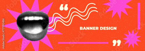 Modern collage. Retro halftone mouth, paper cut out elements. Comic style screaming mouth. Torn paper. Trendy vintage newspaper body parts. 50s style lips. Banner to attract attention, advertising