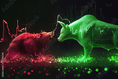 Bull vs Bear Financial Stock Market with Graph Background photo