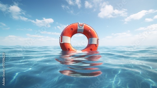 Lifebuoy floating in the ocean under blue sky, Ai Generated photo