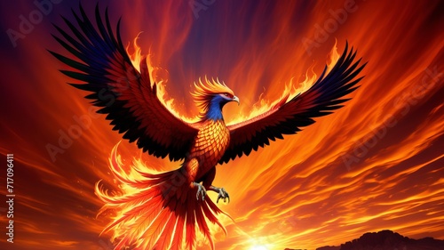 Majestic Phoenix Rising Against Fiery Sunset Sky Over Silhouetted Mountains