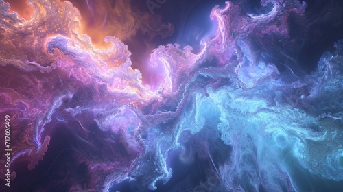 Ethereal clouds of iridescent particles forming intricate fractal shapes