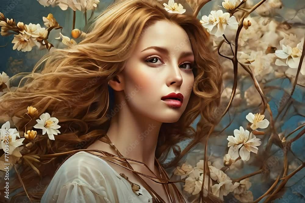 Floral Radiance: Gorgeous Blonde Woman Surrounded by Blossoms Floral Radiance: Gorgeous Blonde Woman Surrounded by Blossoms