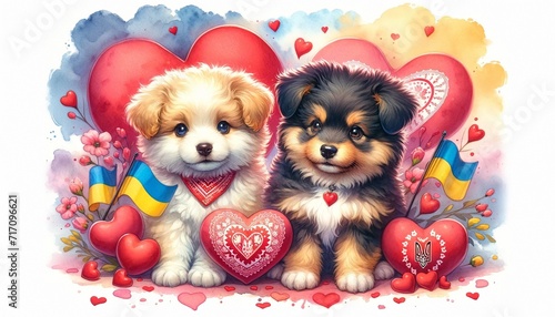 A heartwarming watercolor concept illustration for Valentine's Day, portraying a cute couple of puppies with a Ukrainian theme 01 photo