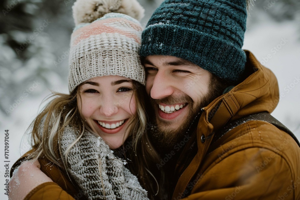 Portrait of young couple smiling and hugging in winter on backgr