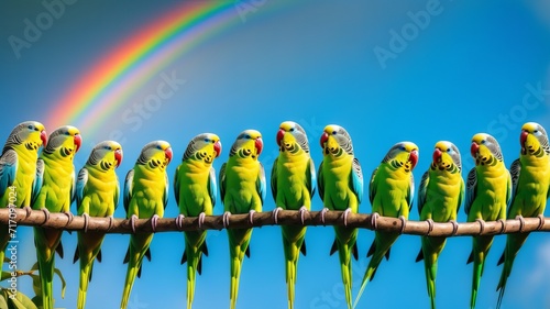 Eleven Vibrant Green Budgerigars Perched on a Branch Under a Bright Rainbow in Clear Blue Sky