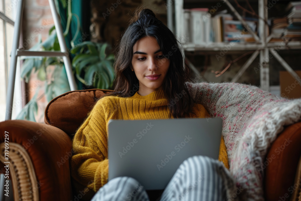 Portrait of a Beautiful Authentic Latina Female in a Stylish Cozy Living Room Using Laptop Computer at Home. She's Browsing the Internet and Checking Videos on Social Networks and Having Fun. Portrait of a Beautiful Authentic Latina Female in a Stylish Cozy Living Room Using Laptop Computer at Home. She's Browsing the Internet and Checking Videos on Social Networks and Having Fun.
