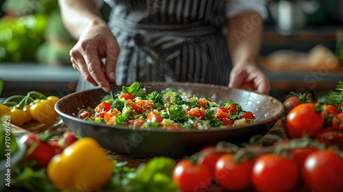 Fresh garden produce being prepared in a healthy meal. kitchen scene with cook. AI