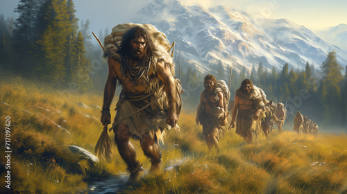 Survival Symphony  Hunter gatherer   Neanderthals and Humans Converge in Migration  Illustrating Resilience and Cooperative Adaptation