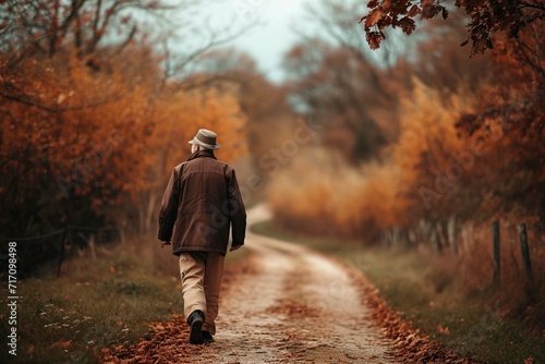 Senior man farmer at the farm walking on the dirt road in autumn day going to the piggery to feed the animals back view old pensioner