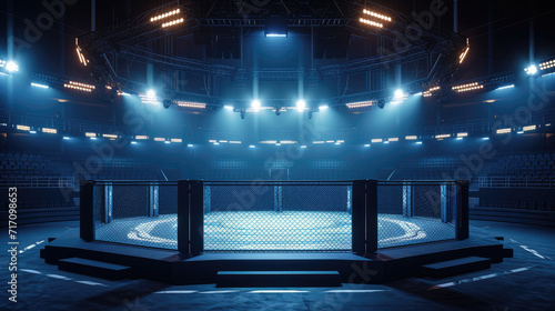 Generative AI, professional mma cage arena with spotlights, martial arts sport ring
 photo