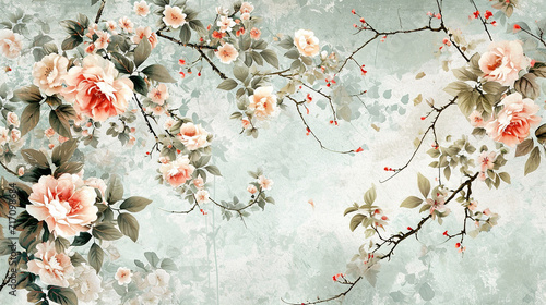 Vintage garden tree floral seamless pattern. Botanical chinoiserie wallpaper, Watercolor Background. © Ron