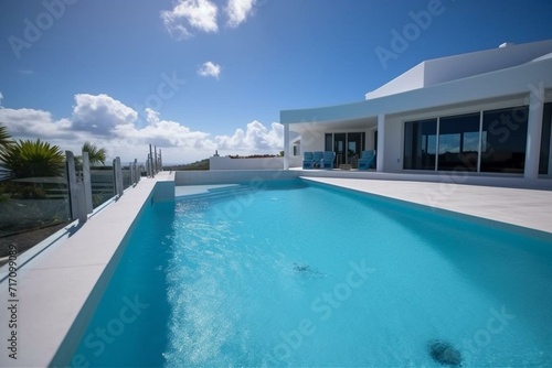 Stunning upscale home: sleek design, pool, ocean panorama. Generative AI © Evelina