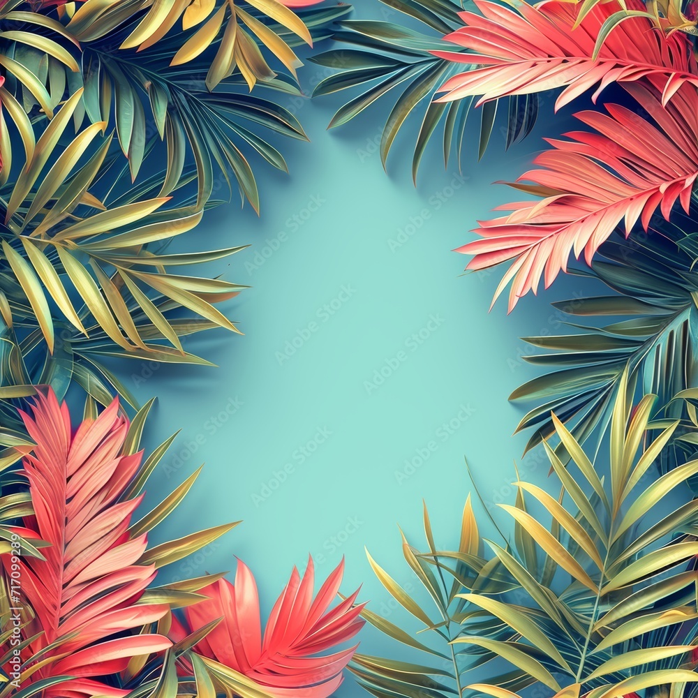 Exotic Botanical Frame: Vibrant Tropical Leaves with a Central Copy Space on a Teal Background