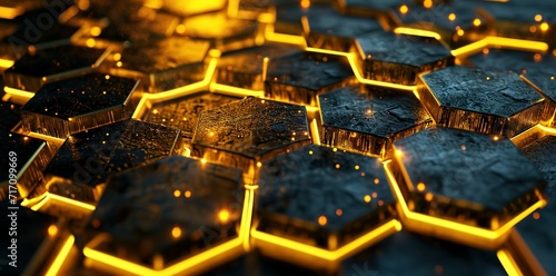 golden hexagons background 3d, in the style of luminism, dark yellow, shaped canvas, lightbox, exquisite lighting, utilizes, light-focused photo