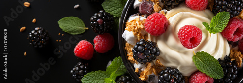 delicious cream with fresh fruits and nuts on a black background.
