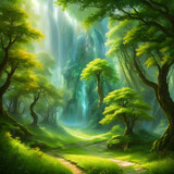 Surrealistische Waldlandschaft mit viel Licht und Schatten. Knorrige alte hohe Bäume mit grün gelben sommerlaub.