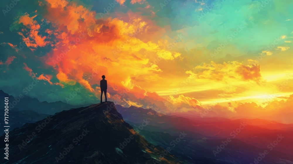 Man standing on top of a mountain and looking at the sunset. A ...